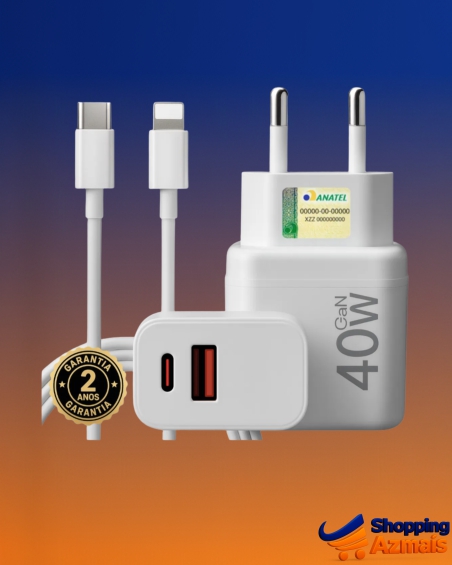 Carregador Turbo 40w Compativel Com iPhone 8 X Xr 11 12 13 14 Pro Max Usb Tipo C Duplo